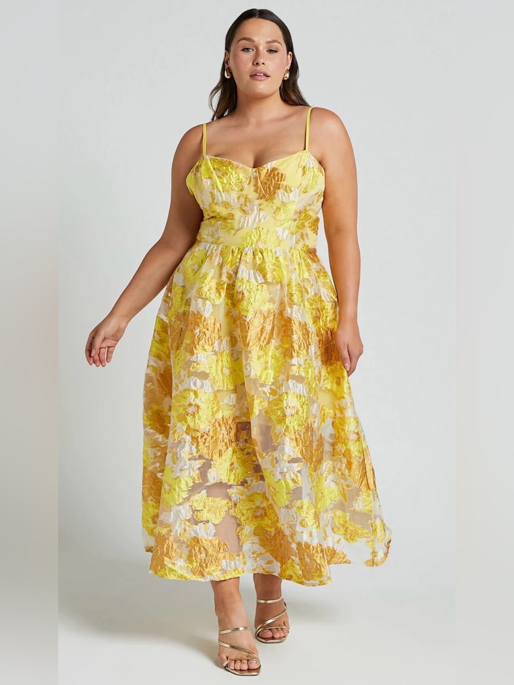 NWT Showpo Brailey Yellow Floral Jacquard Corset Midi Dress US 12